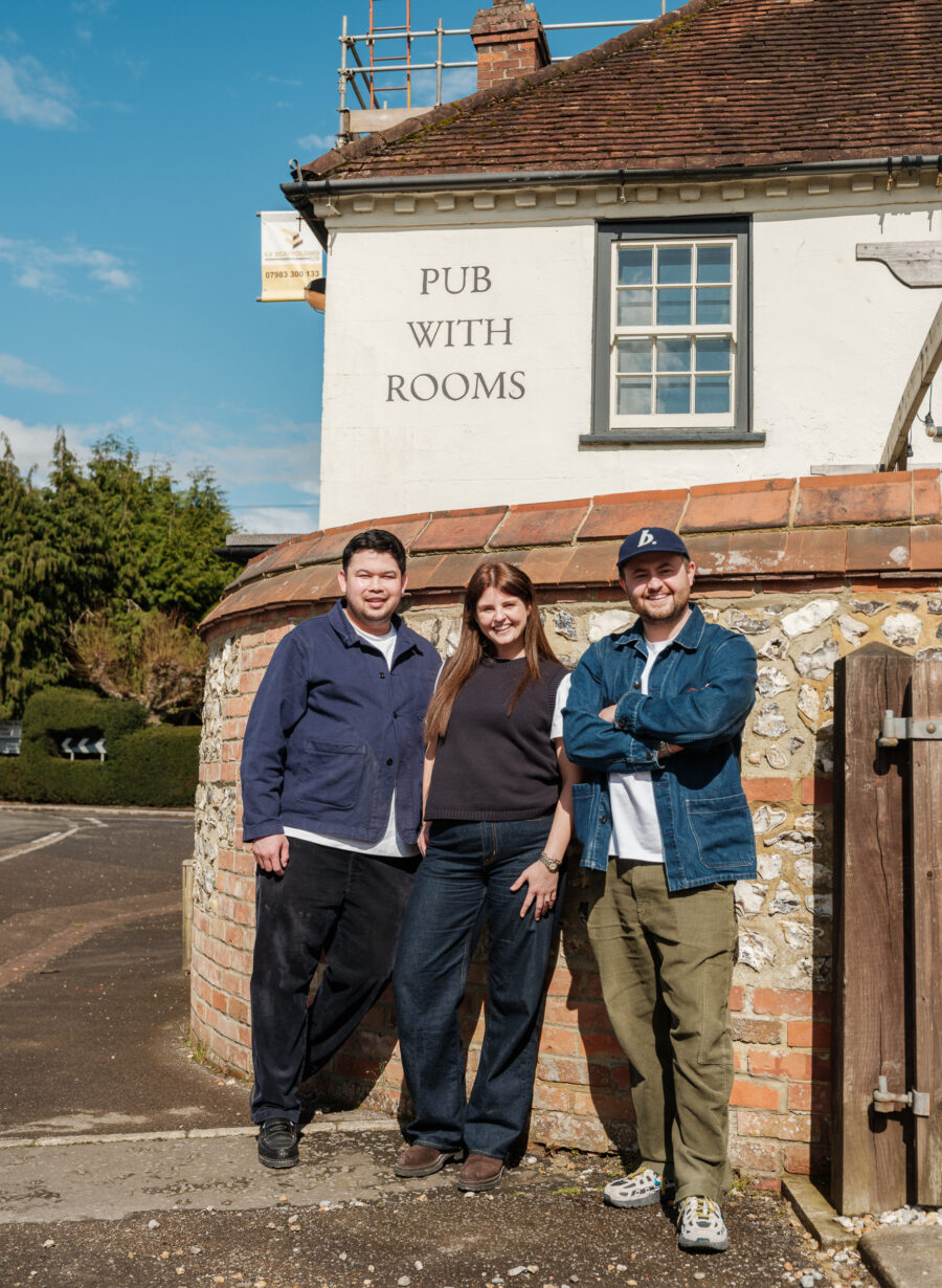 Chickpea Group founders, Ethan, Jordan and Tommy, outside the Great Decoy, Hurstbourne Tarrant.