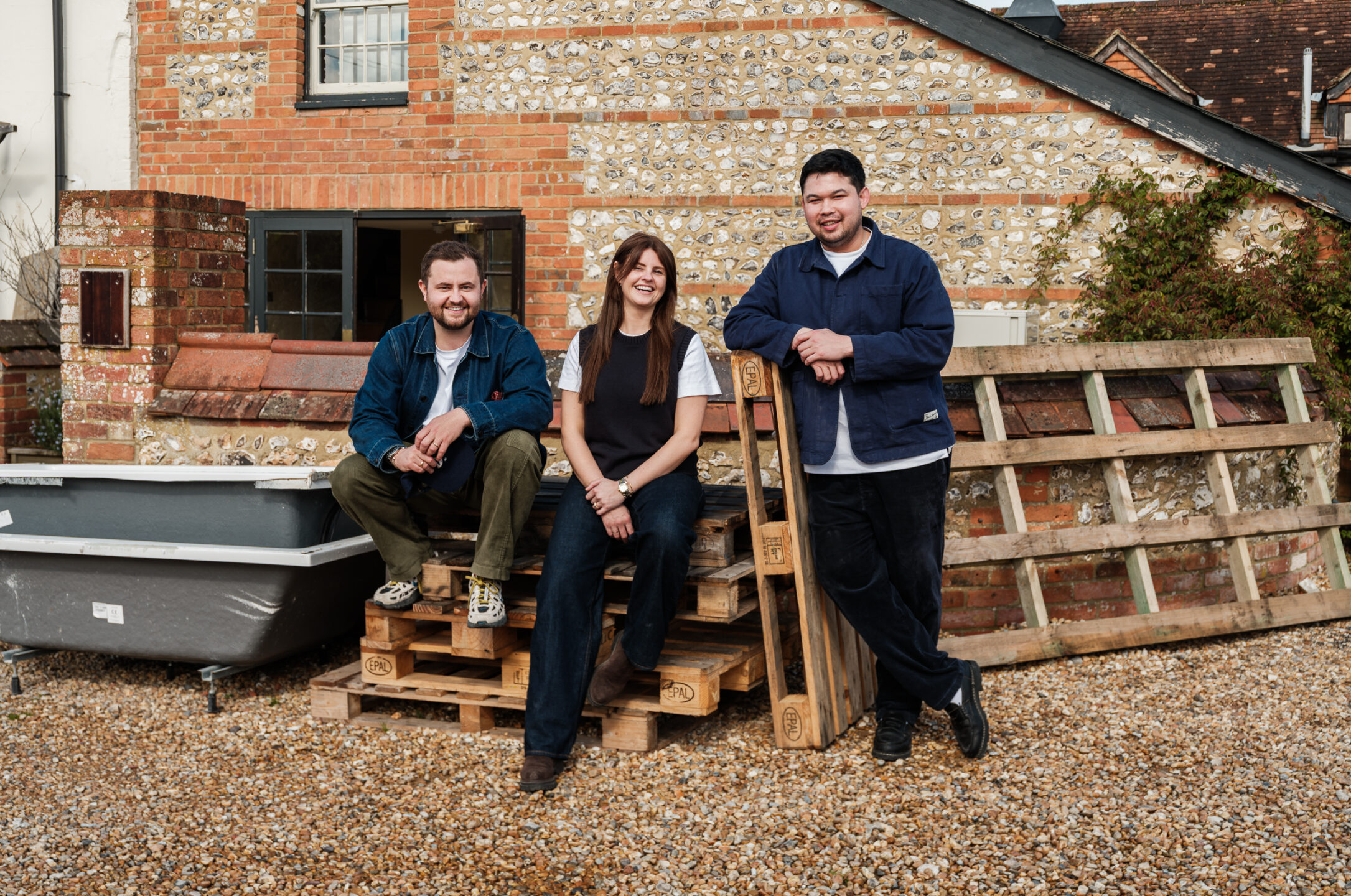 Chickpea Group founders, Ethan, Jordan and Tommy, outside the Great Decoy, Hurstbourne Tarrant.